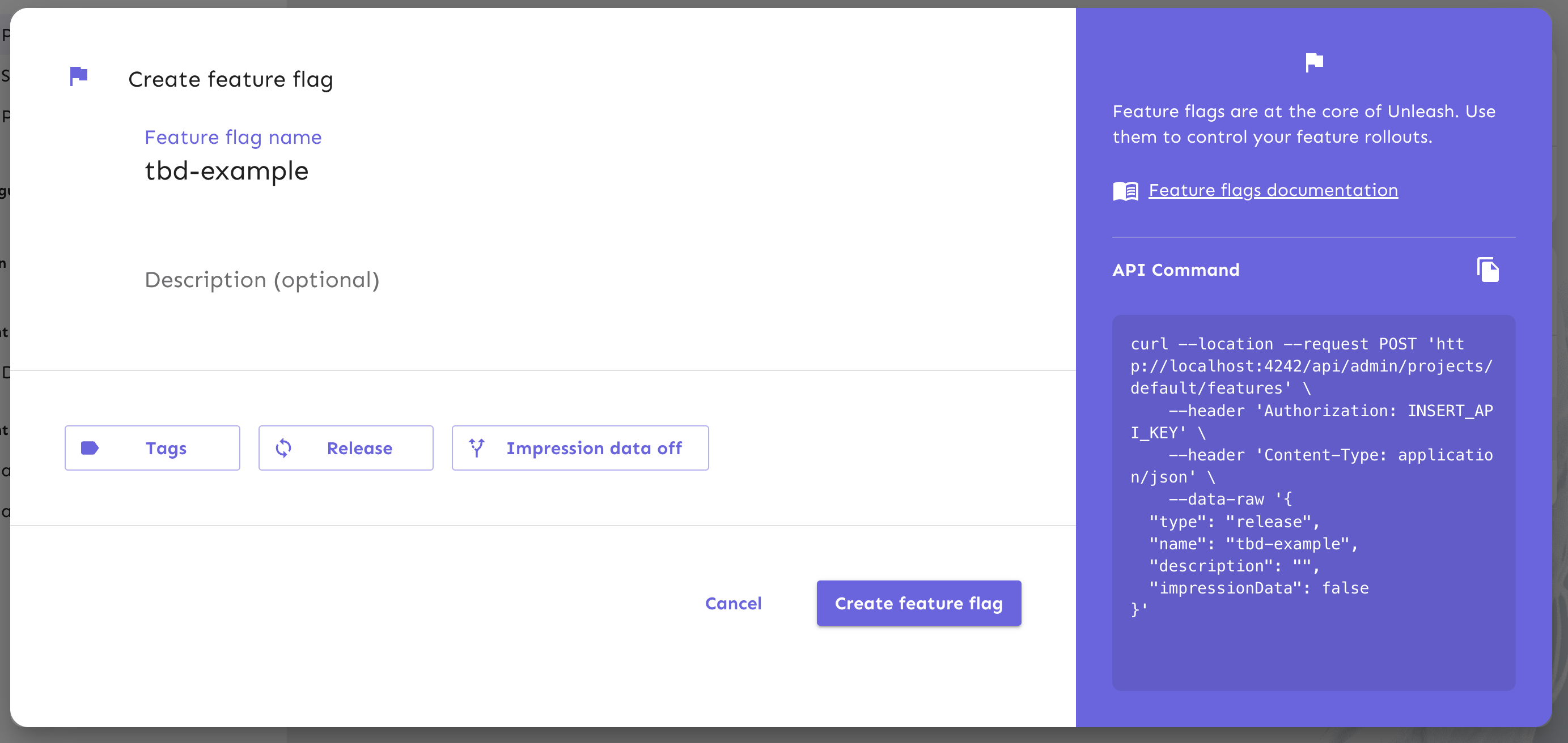 Create a feature flag by filling out the form fields.